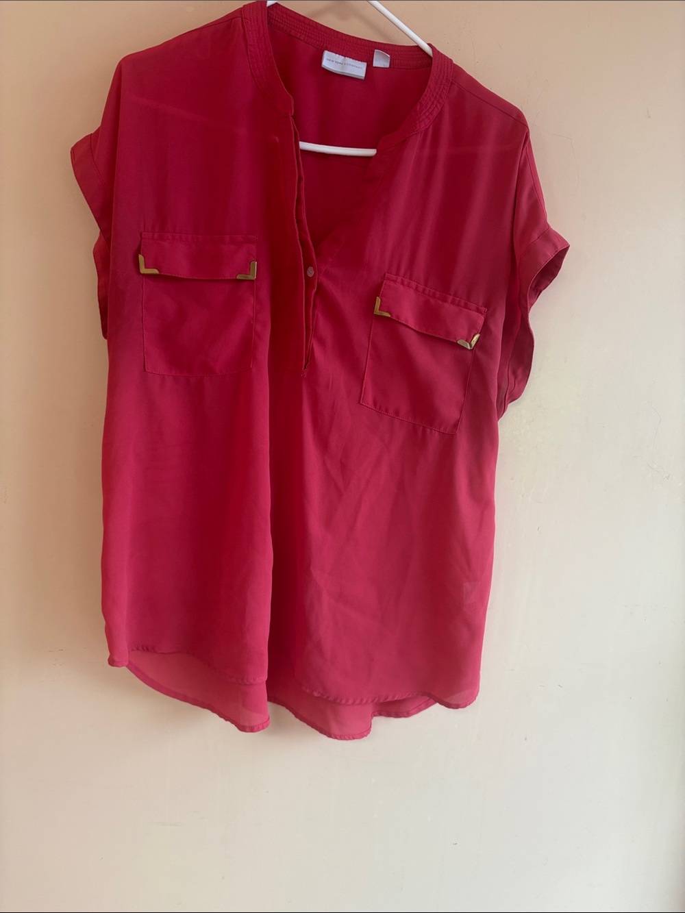 Women’s Lightweight Red Short Sleeve Blouse with Pocket Trim